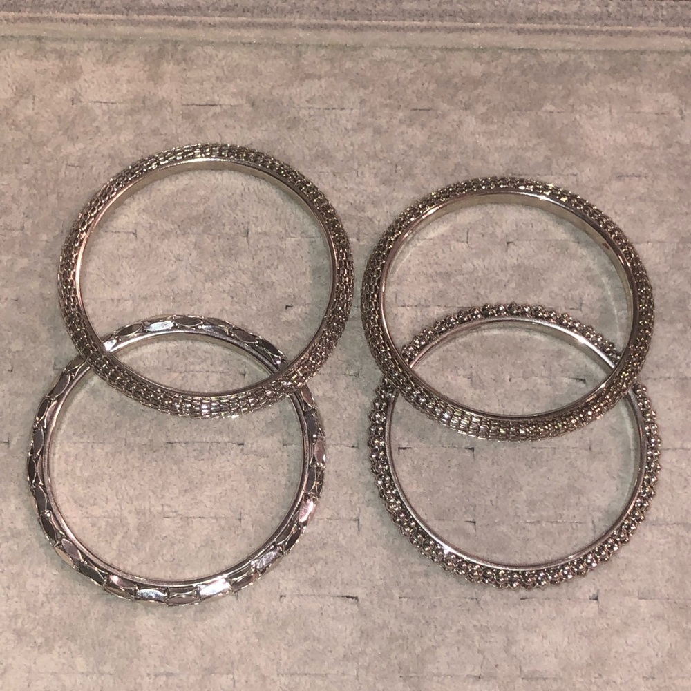 Silver-Toned Bangles Set: Wide with Textured Surfaces. Pre-Owned.